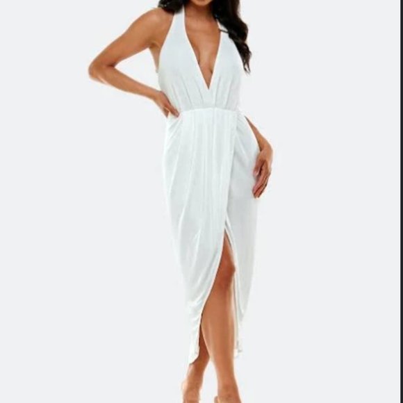 Bebe Asymmetrical Halter Neck Slinky Dress - Egret / M - Picture 2 of 16